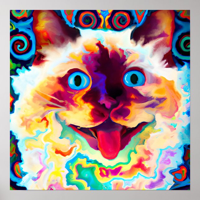 Crazy Happy Balinese Cat Portrait Art Poster (Front)