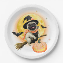 Crazy Happy Halloween Pug Riding a Flying Broom Ca