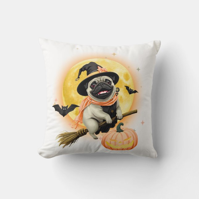 Crazy Happy Halloween Pug Riding a Flying Broom . Cushion (Front)