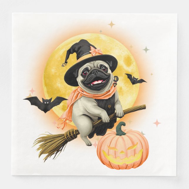 Crazy Happy Halloween Pug Riding a Flying Broom  Napkin (Front)