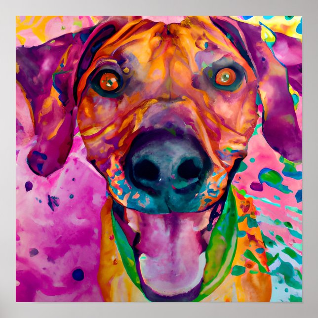 Crazy Happy Rhodesian Ridgeback Dog Portrait Art Poster (Front)
