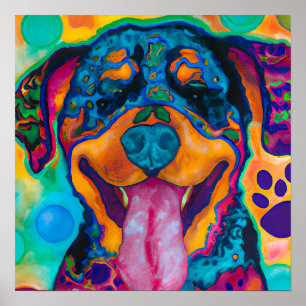 Crazy Happy Rottweiler Dog Portrait Art Poster