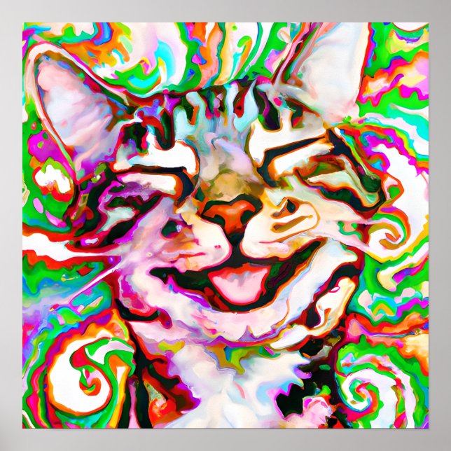 Crazy Happy Tabby Cat Portrait Art Poster (Front)
