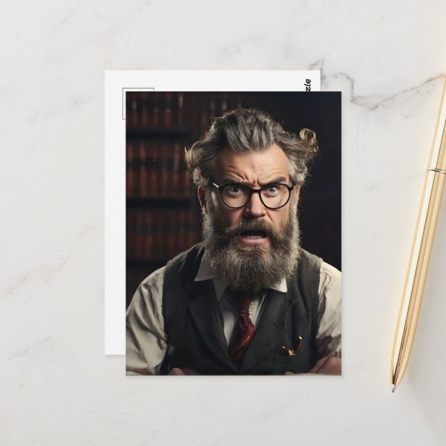 Crazy mad professor with beard postcard (Front/Back In Situ)