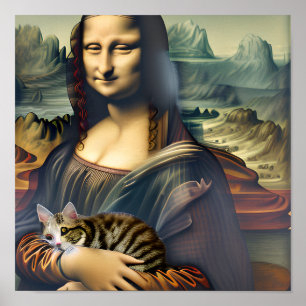Crazy Mona Lisa with Kitty Cat Portrait Art Poster