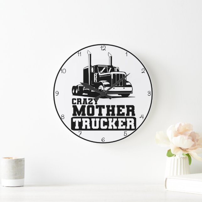 Crazy Mother Trucker: Black and White Large Clock (Home)