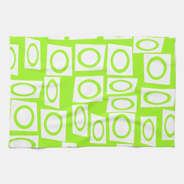 Crazy Neon Lime Green Fun Circle Square Pattern Tea Towel (Horizontal)