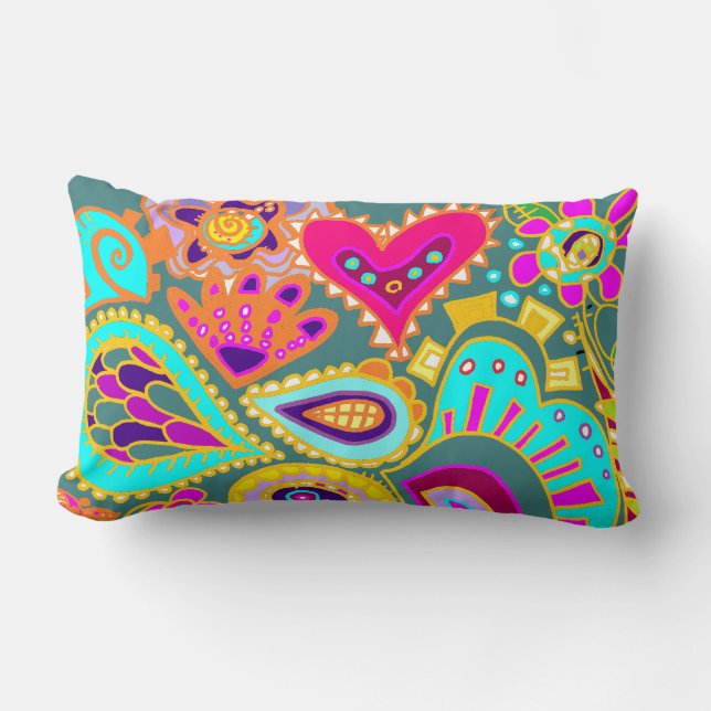 Crazy Paisley TWO sided Lumbar PURPLE & JADE Cushion (Front)
