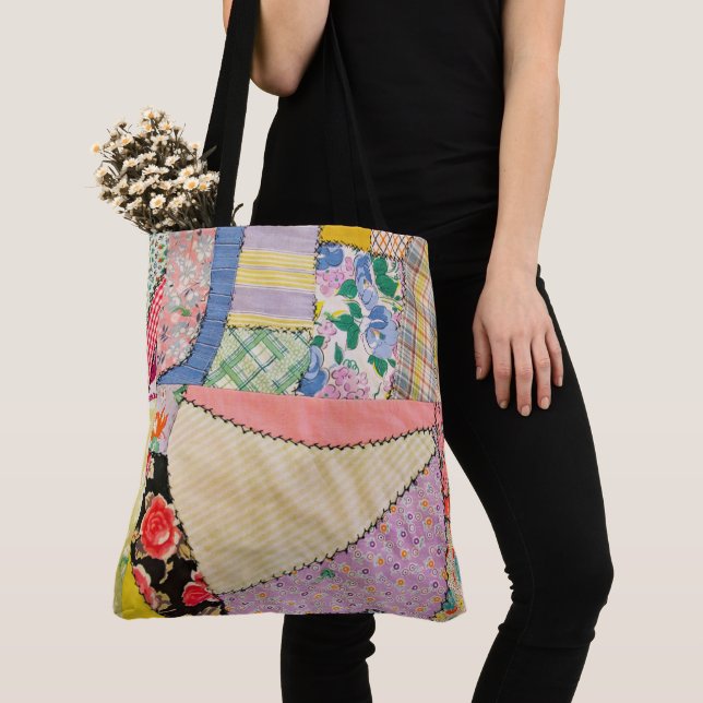 Crazy Patchwork Quilt With Zigzag Stitching Tote Bag (Close Up)
