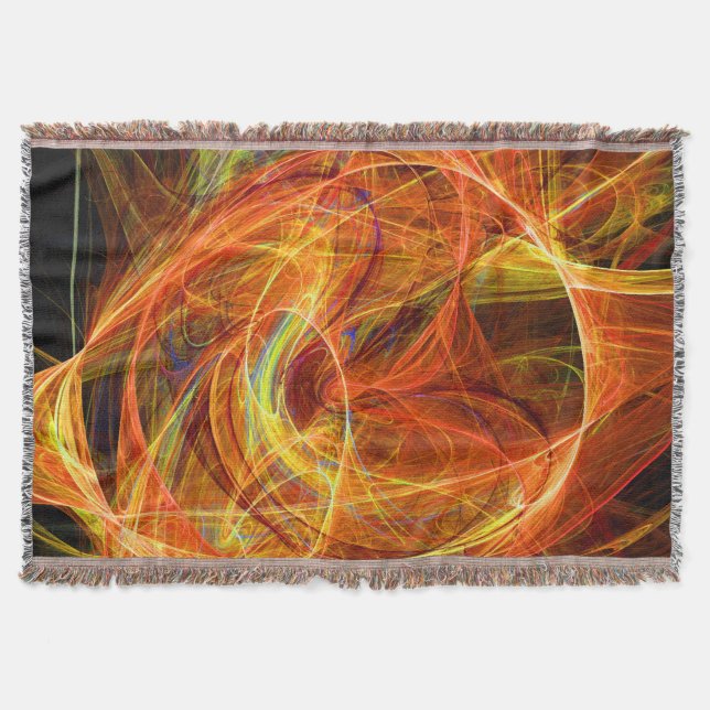 CRAZY PHOTON Abstract Orange Yellow Fractal Swirls Throw Blanket (Front)