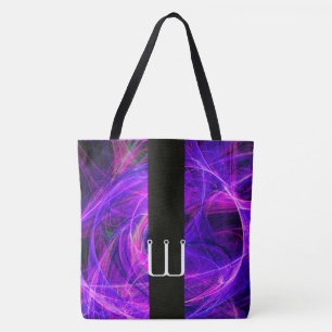 CRAZY PHOTON BLACK STRIPE MONOGRAM Blue Fractals Tote Bag