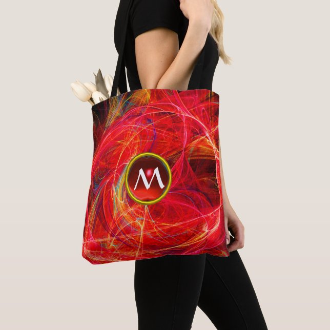 CRAZY PHOTON  GEM MONOGRAM Red Orange Fractals Tote Bag (Close Up)