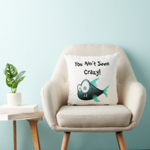Crazy Piranha, Weird Funny Cartoon Fish Design Cushion