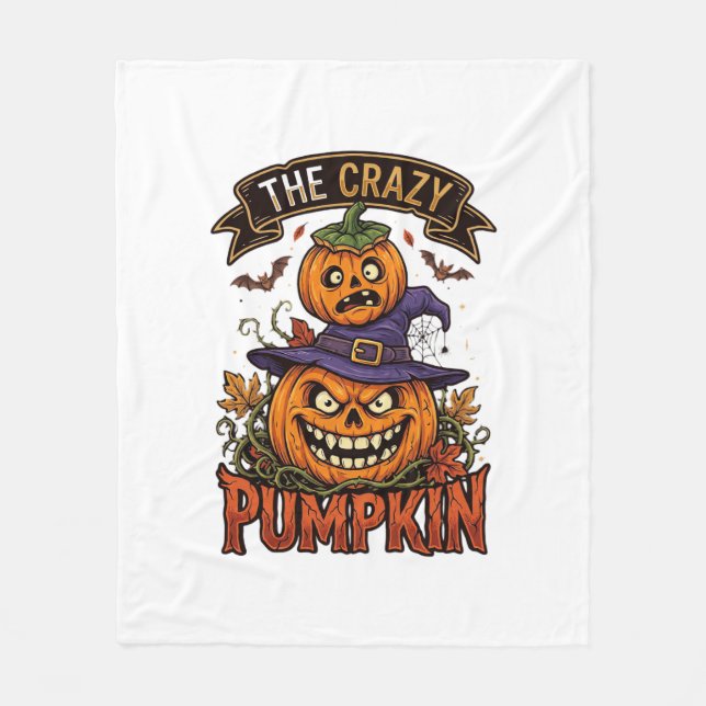Crazy Pumpkin Halloween Witch Hat Bats Fleece Blanket (Front)