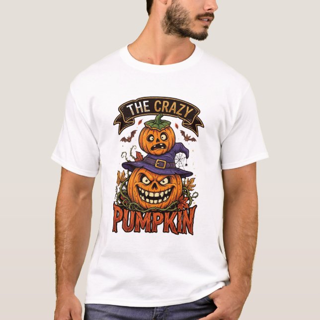 Crazy Pumpkin Halloween Witch Hat Bats T-Shirt (Front)