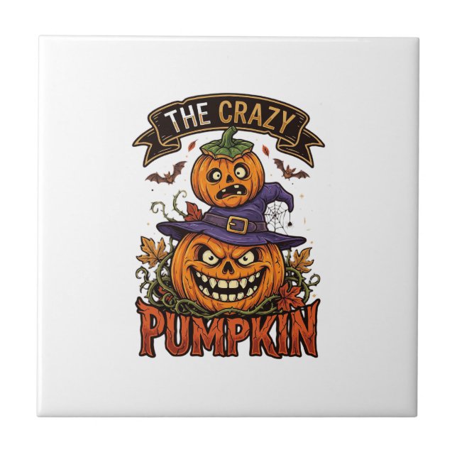 Crazy Pumpkin Halloween Witch Hat Bats Tile (Front)