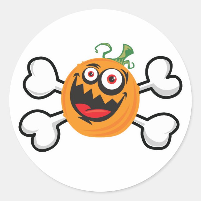 Crazy Pumpkin Skull and Crossbones Classic Round Sticker (Front)