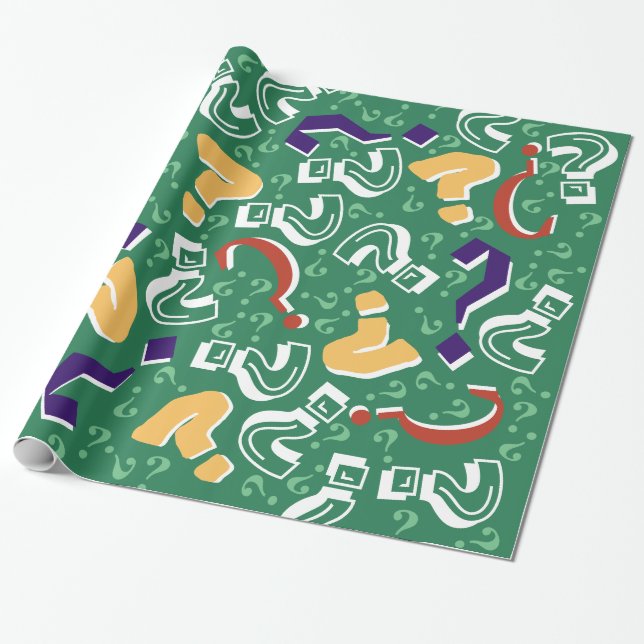 Crazy question marks mystery riddle green wrapping paper (Unrolled)