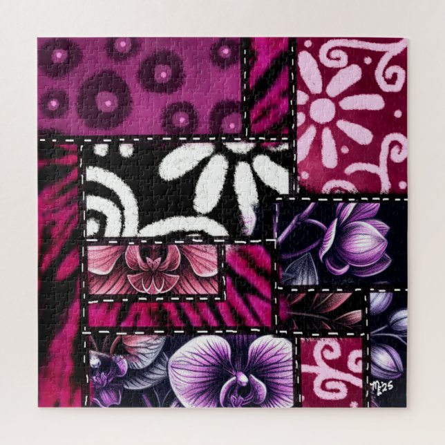 Crazy Quilt Black Cherry Floral Pattern  Jigsaw Puzzle (Vertical)