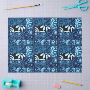 Crazy Quilt Blue Floral Pattern Decoupage Tissue Paper