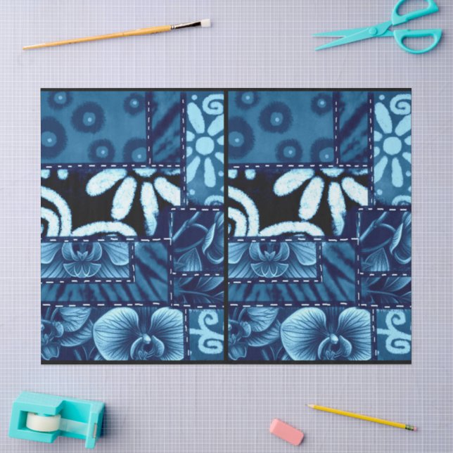 Crazy Quilt Blue Floral Pattern Decoupage Tissue Paper (Craft)