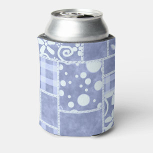Crazy Quilt Blue Gingham Floral Pattern  Can Cooler