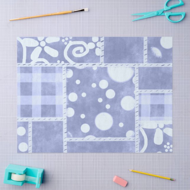Crazy Quilt Blue Gingham Floral Pattern Decoupage Tissue Paper (Craft)
