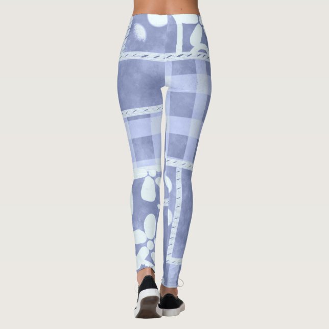 Crazy Quilt Blue Gingham Floral Pattern Leggings (Back)