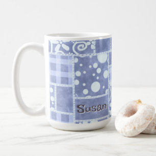 Crazy Quilt Blue Gingham Floral Personalised Coffee Mug