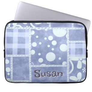 Crazy Quilt Blue Gingham Floral Personalised  Laptop Sleeve