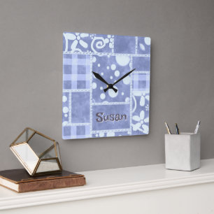 Crazy Quilt Blue Gingham Floral Personalised  Square Wall Clock