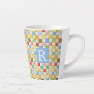 CRAZY QUILT Latte Mug + Text / Blue