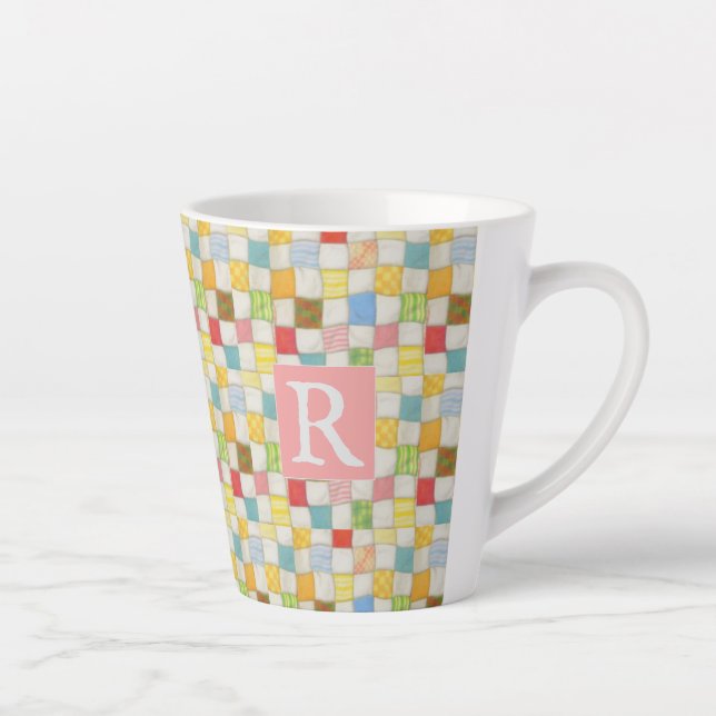 CRAZY QUILT Latte Mug + Text / Pink (Right)