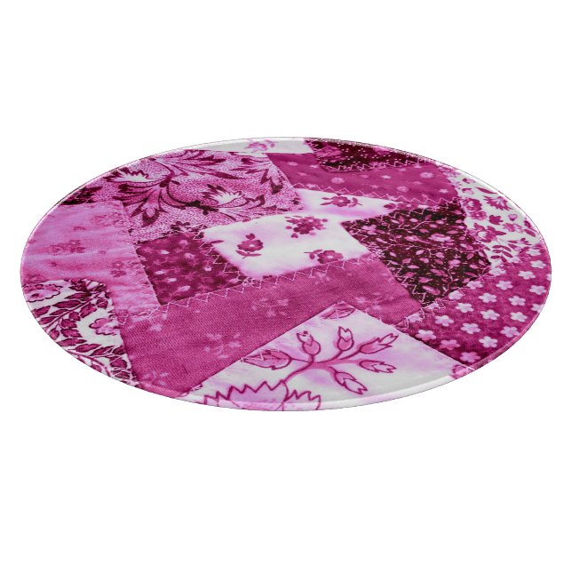 Crazy Quilt Pattern Pink White Floral Patchwork Cutting Board (Corner)