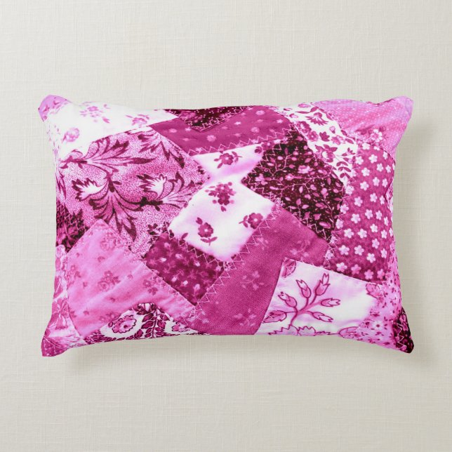 Crazy Quilt Pattern Pink White Floral Patchwork Decorative Cushion (Front)