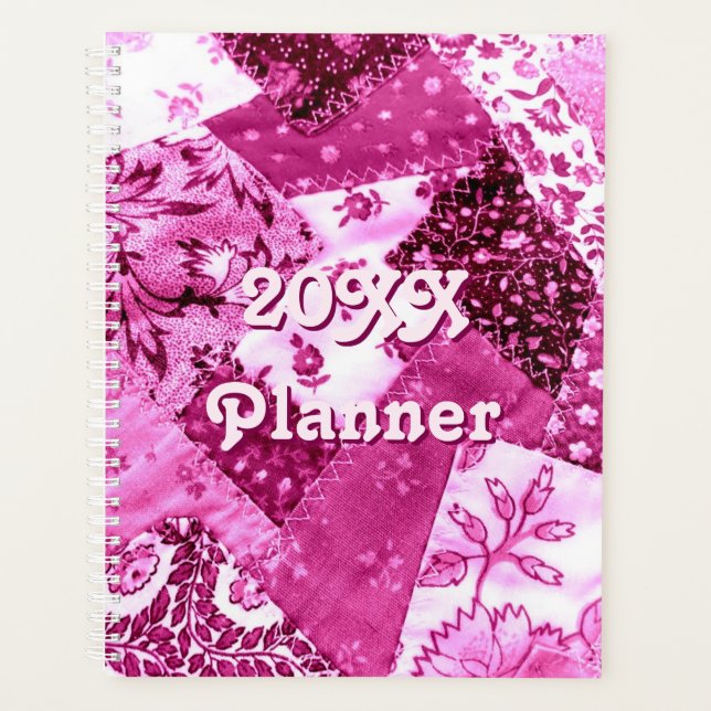 Crazy Quilt Pattern Pink White Floral Planner (Front)
