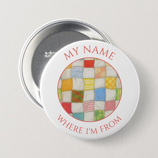 CRAZY QUILT Round Name Tag Button - White (Front & Back)