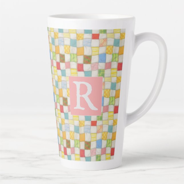 CRAZY QUILT Tall Latte Mug + Text / Pink (Right)