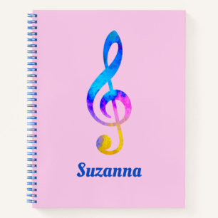 Crazy Rainbow Swirl Treble Clef and Name Pink Notebook