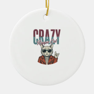 Crazy Rappa Cat Vintage Engraving T-Shirt Design_1 Ceramic Tree Decoration