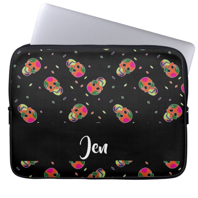 Crazy skulls on black laptop sleeve (Front)