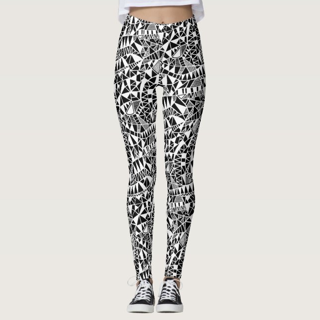 Crazy Structure Pattern 060423 - White on Black Leggings (Front)