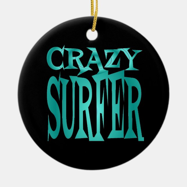 Crazy Surfer in Teal Ceramic Tree Decoration (Front)