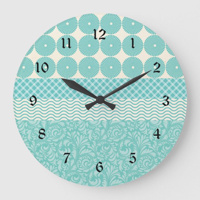 Crazy Teal Blue Patterns Circles Floral Plaid Wave Large Clock (Front)