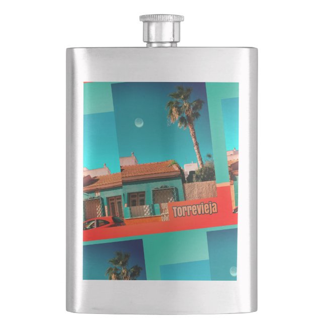 Crazy Torrevieja in Orange and Turqoise Hip Flask (Front)