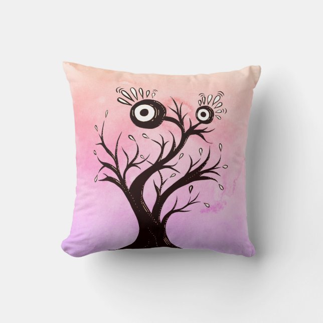 Crazy Tree Creature Ink Art Pink Fantasy Cushion (Front)