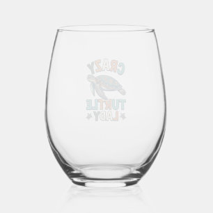 Crazy Turtle Lady Vintage Sea Turtle Shirt Design_ Stemless Wine Glass