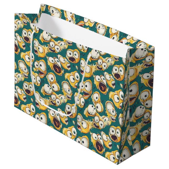 Crazy Yellow Monster Teal Halloween Large Gift Bag (Front Angled)