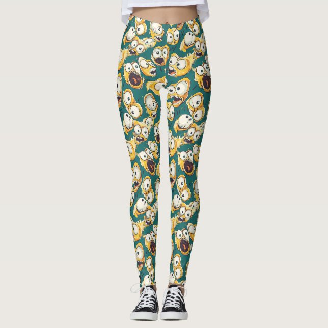 Crazy Yellow Monster Teal Halloween Leggings (Front)