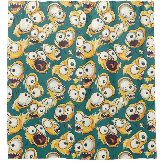 Crazy Yellow Monster Teal Halloween Shower Curtain (Front)